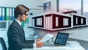 Europäischer Sachverständiger analysiert modulare Wohneinheit mit technischen Dokumenten und Bewertungsunterlagen am Schreibtisch