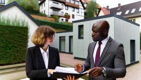 Europäische Fachleute im Gespräch vor einem modernen Modulgebäude in einer deutschen Stadt