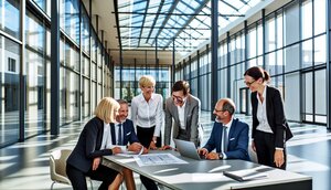 Sachverständiger im Fachgespräch mit Auftraggebern in einem modernen Büro