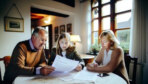 Familie betrachtet gemeinsam Bewertungsgutachten für geerbte Immobilie