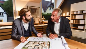 Europaeischer Sachverstaendiger im Gespraech mit Kollegen ueber Grundrisse eines Wohnungspakets