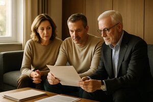 Familiäre Erbengemeinschaft vor dem Elternhaus