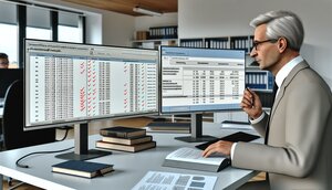 Europäischer Sachverständiger analysiert KI-gestützte Bewertungsergebnisse an einem Bildschirm mit Vergleichstabellen in einem deutschen Büro