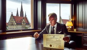 Zertifizierungsurkunde ISO 17024 für Immobilienbewertung auf einem Schreibtisch