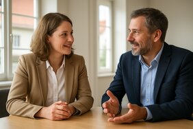 Europäischer Sachverständiger spricht in einem deutschen Wohnzimmer mit einem älteren Paar über Bewertung und Nachfolgeplanung