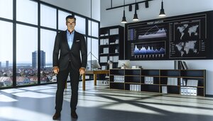 Europäischer Sachverständiger prüft digitale Immobilienanalyse auf Bildschirm in deutschem Büro