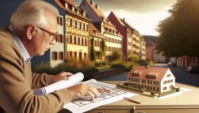 Sachverständiger prüft Bestandsimmobilie mit Bauplänen in einem deutschen Wohnviertel, vertrauensvolle Atmosphäre