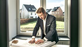 Europäischer Sachverständiger prüft Bauplan an einem Schreibtisch mit Blick auf ein deutsches Wohnviertel
