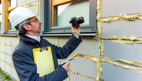 Sachverständiger dokumentiert Zustand einer Hausfassade