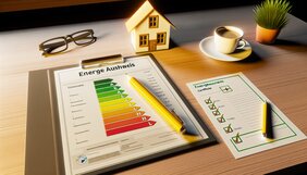 Energieausweis mit Effizienzskala auf einem ruhigen aufgeräumten Schreibtisch