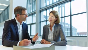 Erfahrene Sachverständige in einem deutschen Büro bei einer vertrauensvollen Besprechung über eine Immobilienbewertung