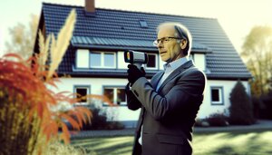 Erfahrener europäischer Sachverständiger prüft ein deutsches Wohngebäude sorgfältig mit einer Wärmebildkamera