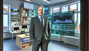 Europäischer Sachverständiger prüft KI-gestützte Immobilienbewertung an seinem Schreibtisch in einem deutschen Büro