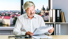 Erfahrener europäischer Sachverständiger prüft Bewertungsunterlagen in einem deutschen Büro mit ruhiger, vertrauensvoller Atmosphäre
