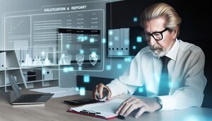 Sachverständiger für Immobilienbewertung prüft ein Gutachten am Schreibtisch mit Unterlagen und digitalem Werkzeug