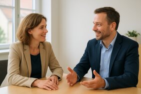 Europäischer Sachverständiger in Gesprächsrunde mit Bankberaterin, Steuerberater und Notar