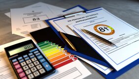 Energieausweis mit Effizienzskala und Gutachtenmappe auf einem Schreibtisch