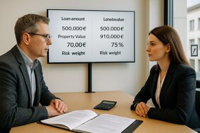 Europäischer Sachverständiger und Bankberater analysieren LTV-Rechnung mit Property Value und Risikogewicht am Bildschirm