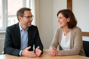 Bewerter im Beratungsgespraech mit Single-Kaeufer verschiedener Lebensphasen