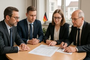 Vier europäische Fachleute -- Sachverständiger, Bankberater, Steuerberaterin und Notar -- im gemeinsamen Beratungsgespräch