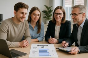 Europäischer Sachverständiger spricht mit einer Familie über die Lagebewertung eines Hauses in einem deutschen Büro