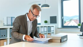 Europäischer Sachverständiger prüft Unterlagen in einem deutschen Büro