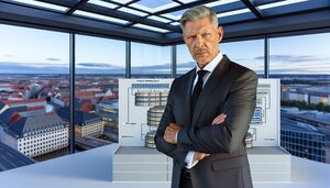 Europäischer Sachverständiger analysiert eine mehrstufige Systemarchitektur an einem großen Bildschirm in einem deutschen Büro