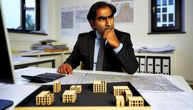 Europäischer Sachverständiger prüft Bebauungspläne am Schreibtisch mit Baulandkarten und Modulbau-Entwürfen