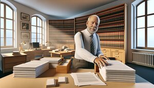 Europäischer Sachverständiger in deutschem Büro prüft strukturierte Wissensdokumente am Schreibtisch