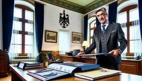 Sachverständiger übergibt Gutachten an Finanzbeamten