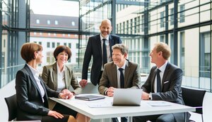 Europäische Immobilienfachleute im kollegialen Austausch an einem Besprechungstisch in einem deutschen Büro