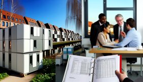 Modernes modulares Wohngebäude aus standardisierten ISO-Modulen mit professioneller Bewertungsmappe im Vordergrund
