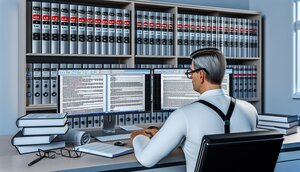 Europäischer Sachverständiger analysiert KI-gestützte Immobilienbewertung am Schreibtisch mit Paragraphen und Dokumenten