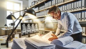 Europäischer Fachmann analysiert am Schreibtisch eine mehrstufige Architekturskizze für KI-Systeme mit Dokumenten und Fachliteratur
