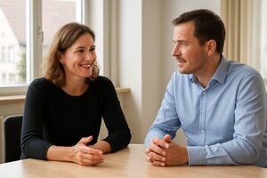 Bewerterin im Beratungsgespraech mit Eltern zum Studenten-Apartment
