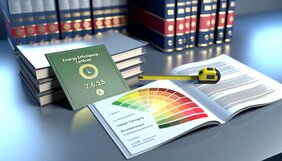 Detailaufnahme eines Energieausweises mit Gesetzestexten und Dokumenten