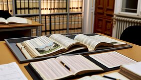 Systematisch geordnete Gesetzestexte und Grundbuchauszuege auf einem Schreibtisch