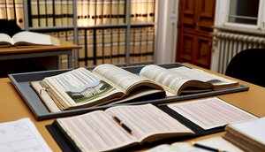 Systematisch geordnete Gesetzestexte und Grundbuchauszuege auf einem Schreibtisch