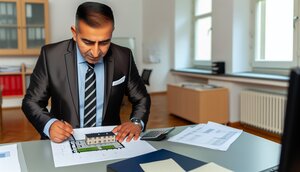 Europäischer Sachverständiger prüft Immobilienbewertung am Schreibtisch mit Finanzunterlagen