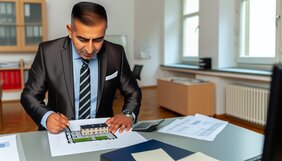 Europäischer Sachverständiger prüft Immobilienbewertung am Schreibtisch mit Finanzunterlagen
