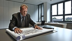 Sachverständiger prüft Bauunterlagen und Baugenehmigungen an einem Schreibtisch mit Grundrissen und Gesetzestexten