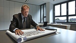 Sachverständiger prüft Bauunterlagen und Baugenehmigungen an einem Schreibtisch mit Grundrissen und Gesetzestexten