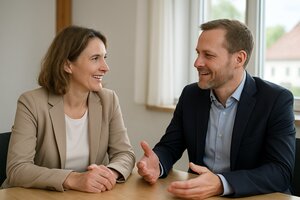Kapitalanleger im Bewertungsgespraech mit Bewerter