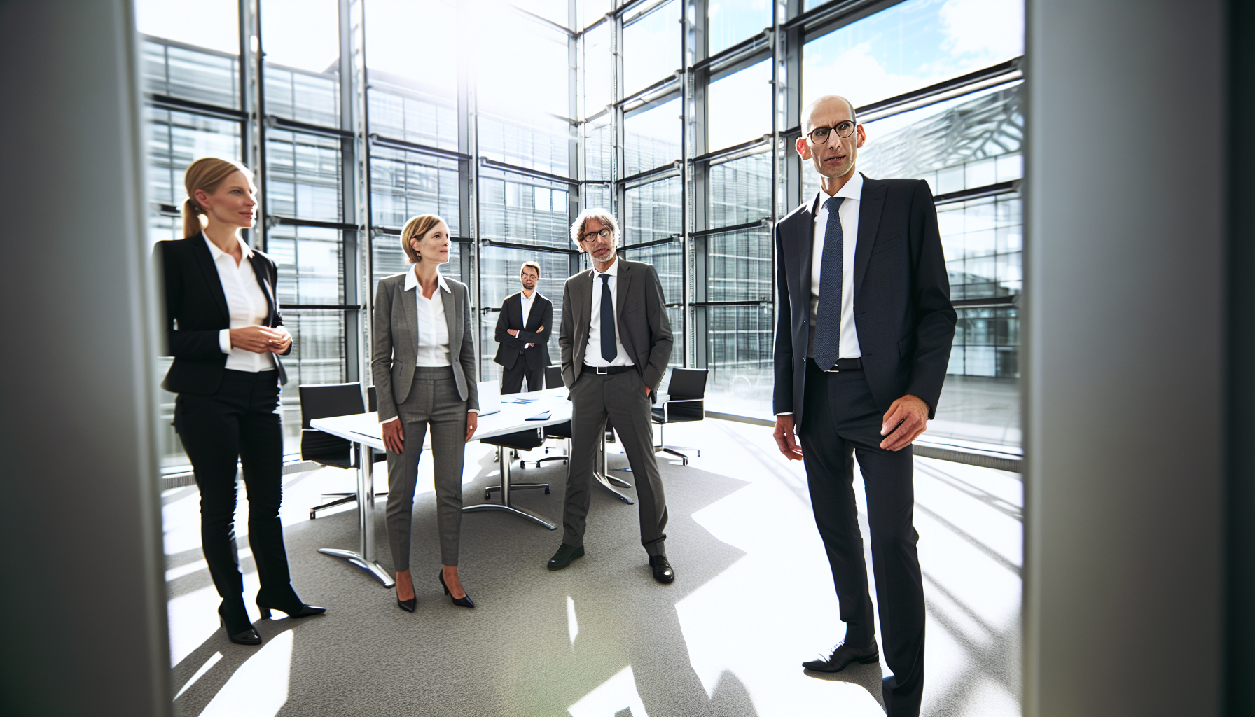 Erfahrener europäischer Sachverständiger leitet eine strukturierte Teambesprechung zur Immobilienbewertung