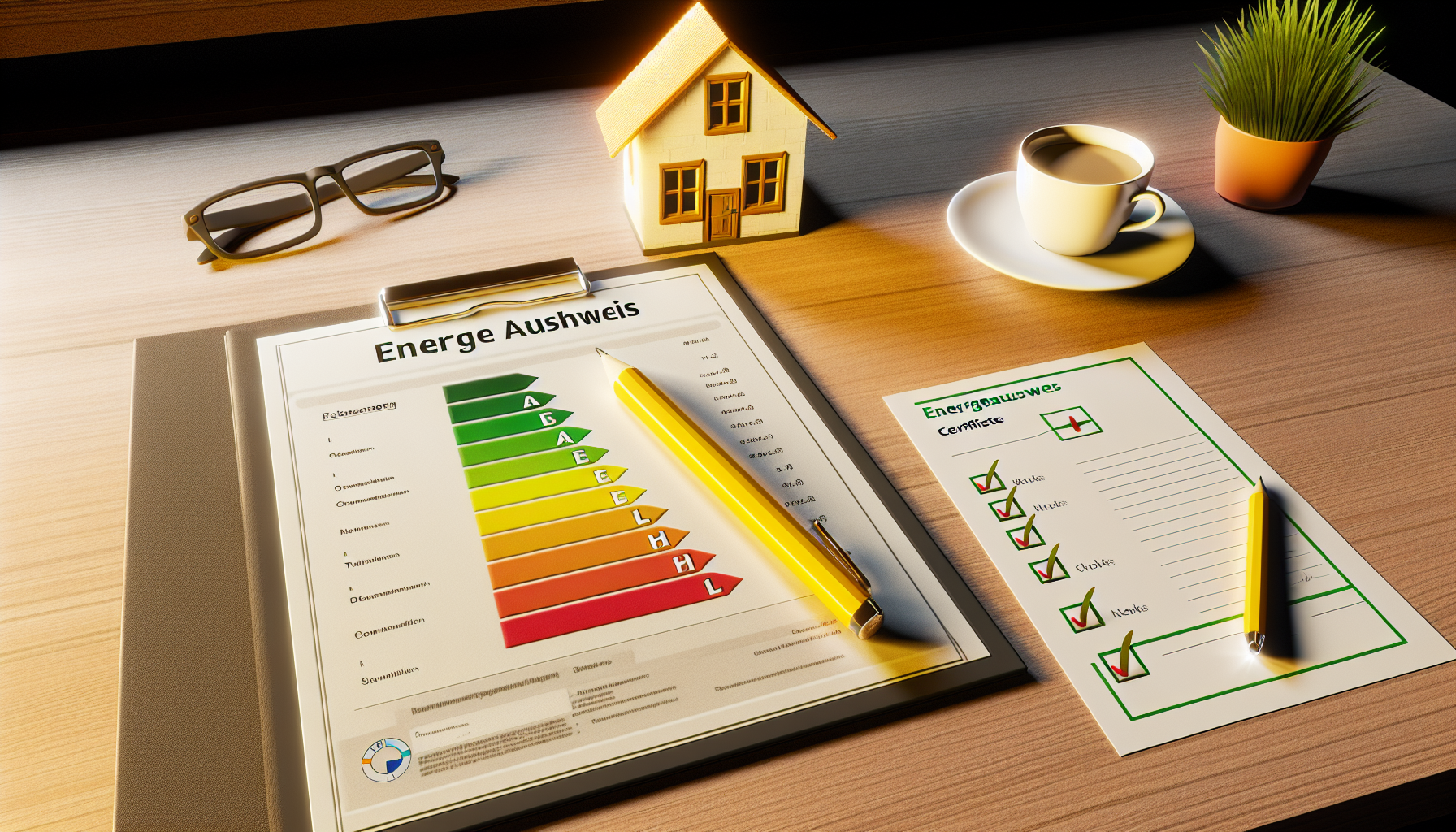 Energieausweis mit Effizienzskala auf einem ruhigen aufgeräumten Schreibtisch