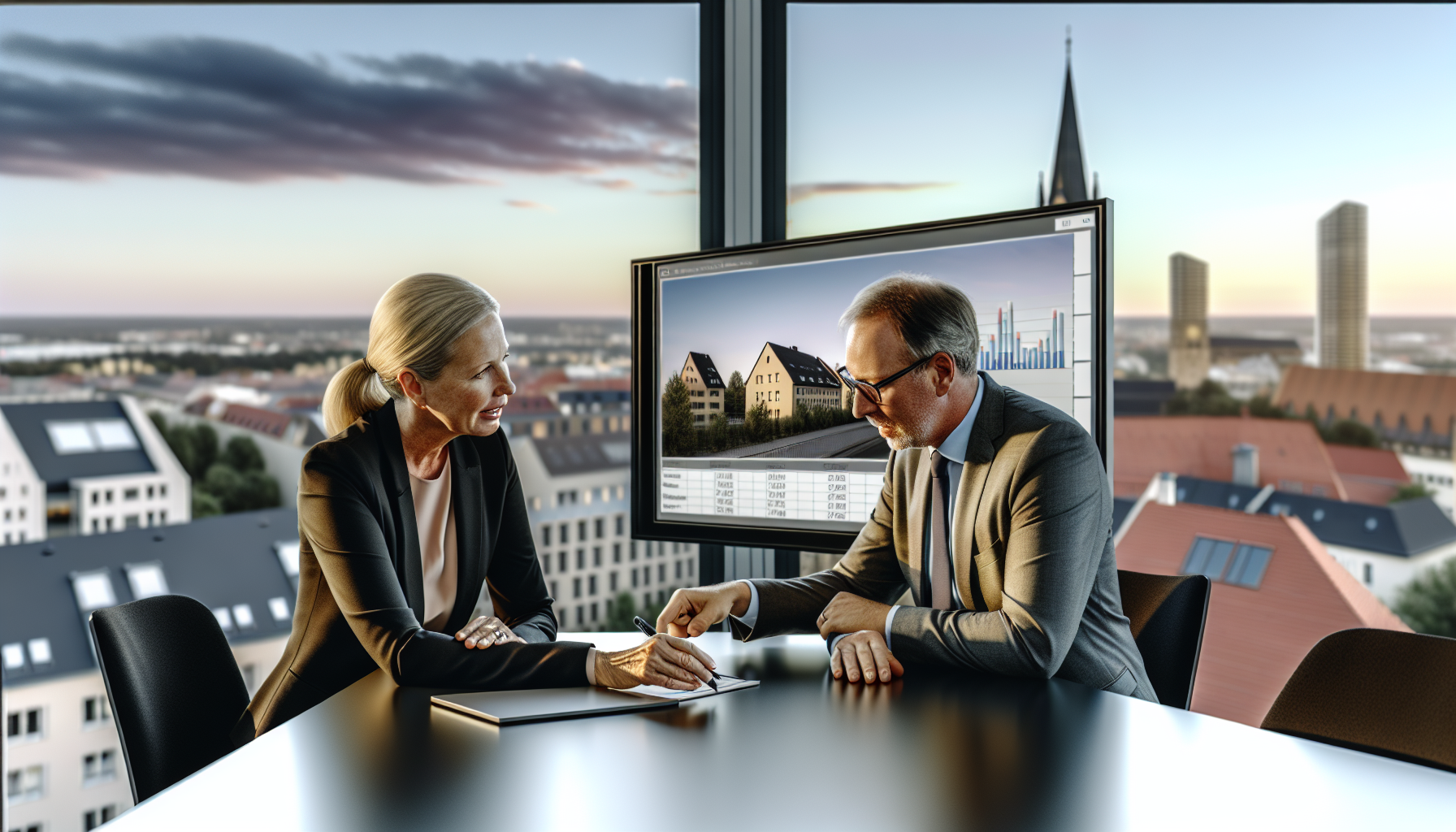 Europäische Fachleute der Immobilienbewertung im Gespräch über digitale Technologien in einem modernen deutschen Büro