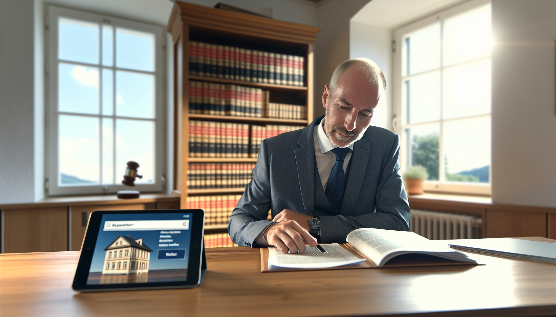 Europäischer Sachverständiger prüft Immobilienbewertung am Schreibtisch mit digitalen Werkzeugen und Fachliteratur