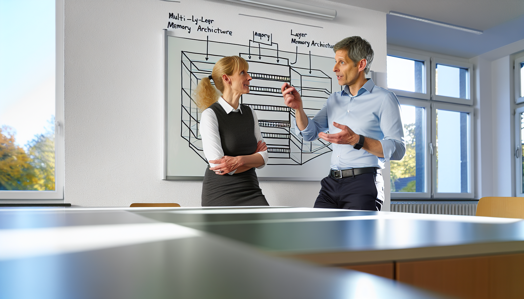 Europäische Fachleute im Gespräch über KI-Architekturdiagramme in einem deutschen Büro
