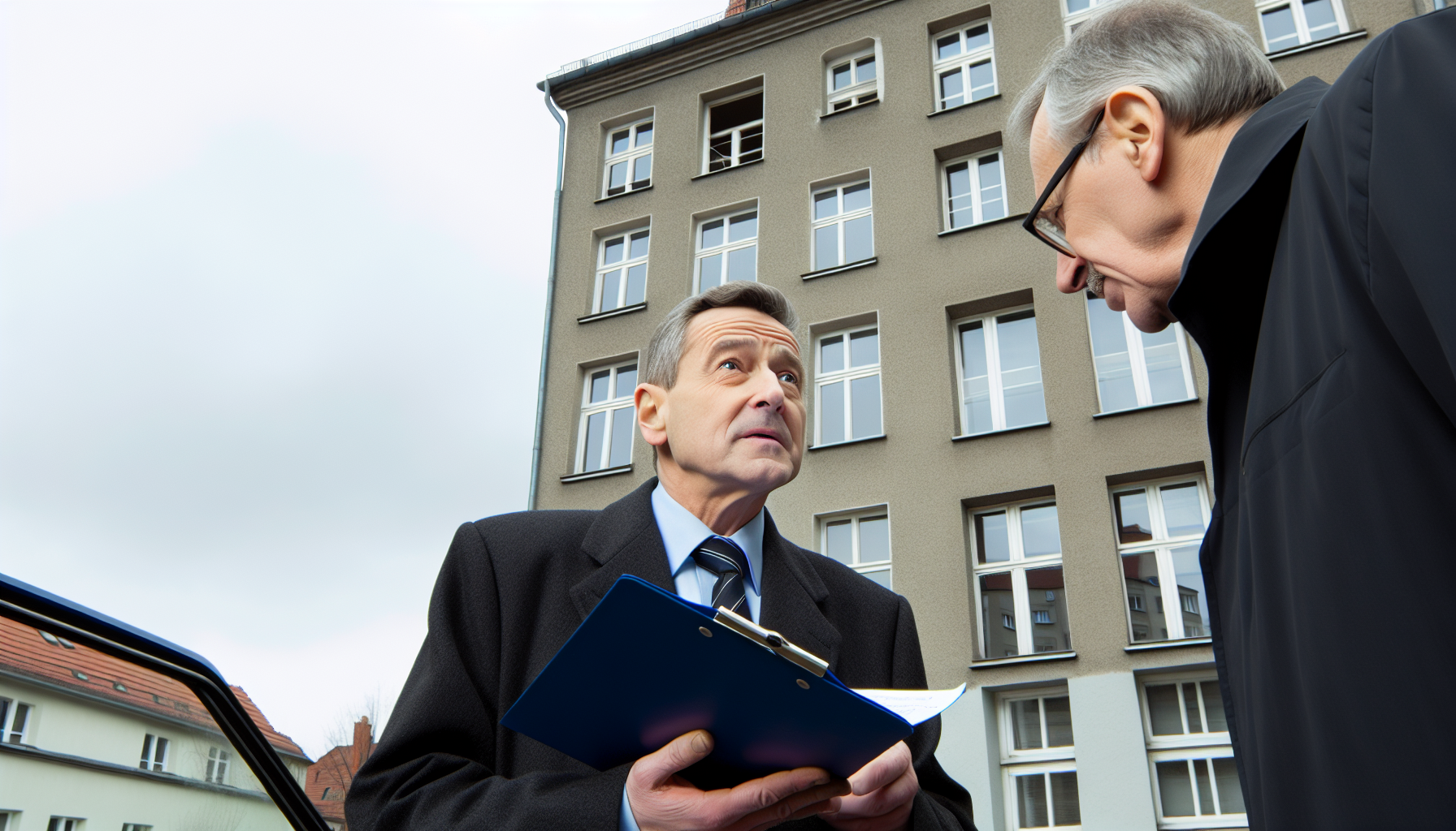 Sachverständiger im Gespräch mit Eigentümer vor Bestandsgebäude