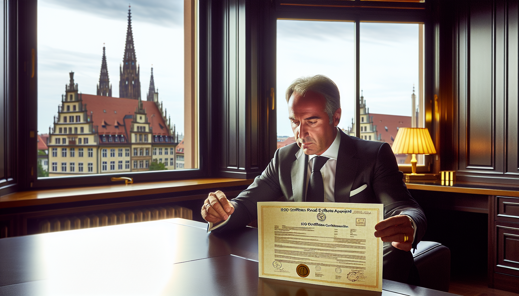 Zertifizierungsurkunde ISO 17024 für Immobilienbewertung auf einem Schreibtisch